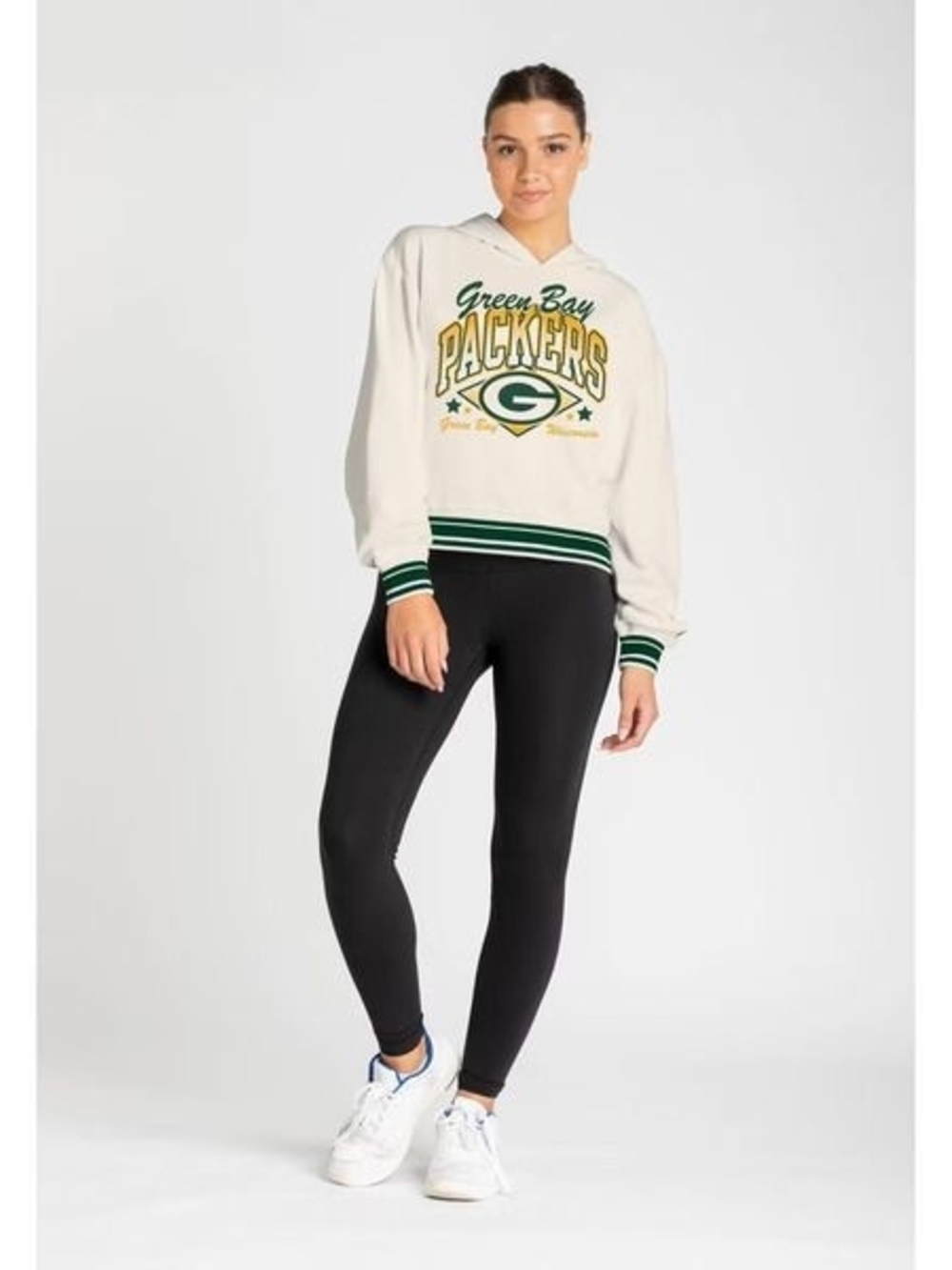Champion NFL Green Bay Packers Cropped Hoodie with Green & Yellow Logo Large